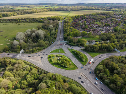 Aerial View of Large Roundabout with Traffic in Basingstoke Hampshire UK Urban Infrastructure