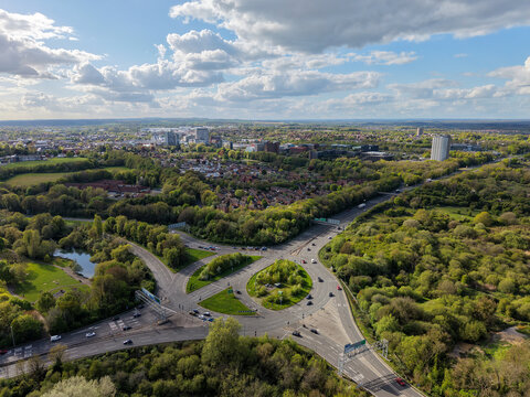 Aerial View of Large Roundabout with Traffic in Basingstoke Hampshire UK Urban Infrastructure