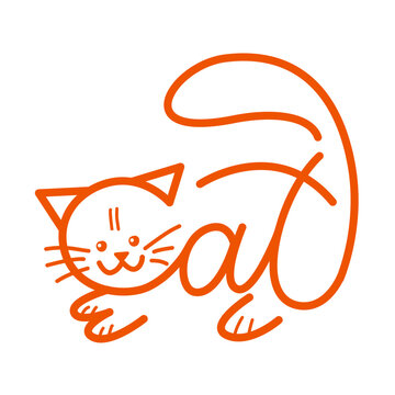 Orange line art cat logo spelling word Cat.  illustration for greeting cards, stickers, tshirts, posters, pet branding and cat lover designs