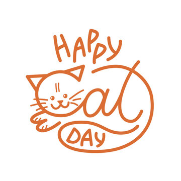Hand drawn Happy Cat Day lettering with cute line art cat. Minimal doodle typography for International Cat Day greeting card, t-shirt, sticker, poster, social media and pet celebration.