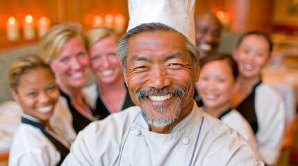 Fototapeta premium Warm smiles fill the chef's face as he leads his team