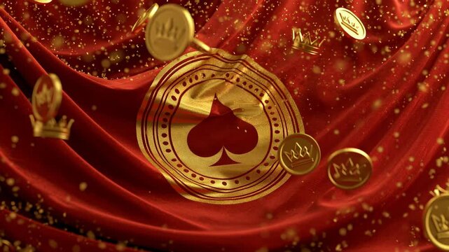 Richly detailed spade symbol encased in ornate gold border, surrounded by gold coins, set against vibrant red fabric background, elegant and sophisticated composition, textures and details highlighted