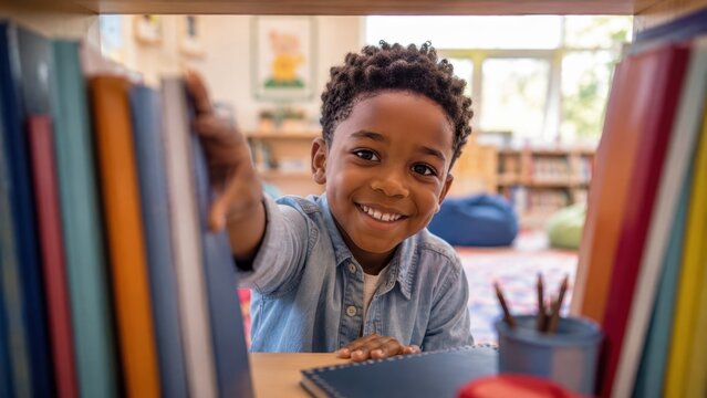 school boy choosing a book from library shelf while smiling and looking at camera in a colorful classroom