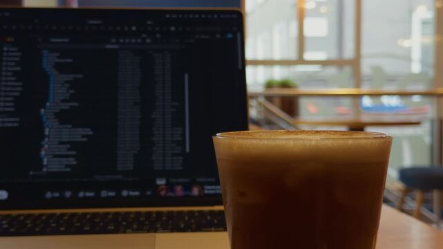 Glass of coffee beside laptop with blurred code on screen in modern workspace, warm daylight and focused work atmosphere