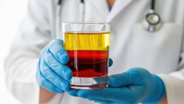 Doctor holding urine sample in glass cup