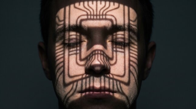 Rostro masculino marcado por sombra de circuito