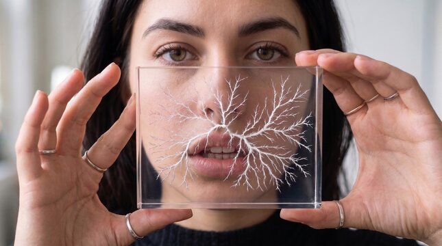 Mujer sosteniendo bloque acr&iacute;lico con rayo fractal