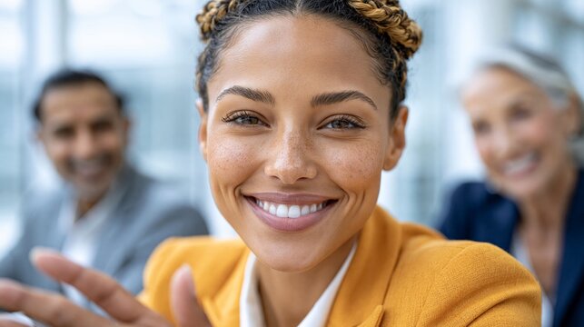 Smiling woman in bright yellow jacket looks directly at camera