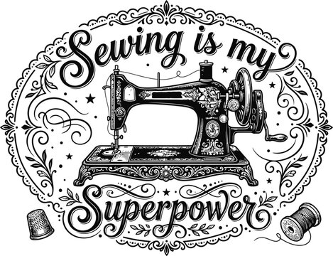 Vintage sewing machine with superpower text