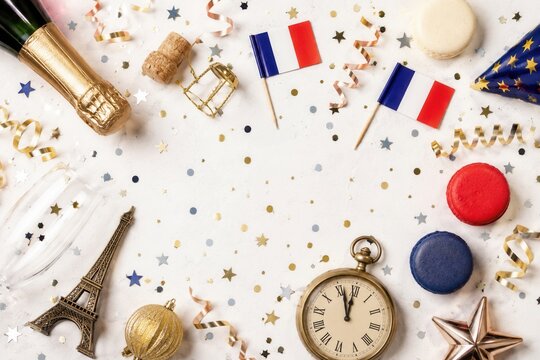 Festliches Silvester-Flatlay mit Champagner, franz&ouml;sischen Symbolen, Macarons, Konfetti und Uhr kurz vor Mitternacht &ndash; heller Hintergrund mit gro&szlig;z&uuml;giger Textfl&auml;che.