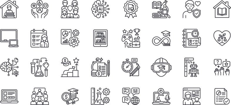 Education Technology and Online Learning Thin Line Icons Set. AI Education, E Learning, Digital Classroom, Student Support, Certification, Virtual Training, STEM, Academic Research, EdTech Vector Coll