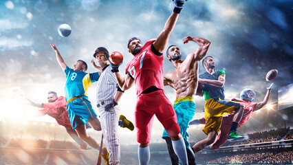 A multi-sport collage depicting various sports and hobbies. Athletes in a beautiful, large stadium full of fans. A collage of several sports. © 103tnn