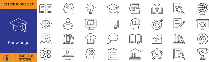 Knowledge Vector Outline Icons Set – Education, Learning, Research and Intelligence Line Symbols Collection © Hridoy Ray