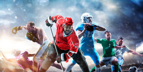 Fototapeta premium A multi-sport collage depicting various sports and hobbies. Athletes in a beautiful, large stadium full of fans. A collage of several sports.