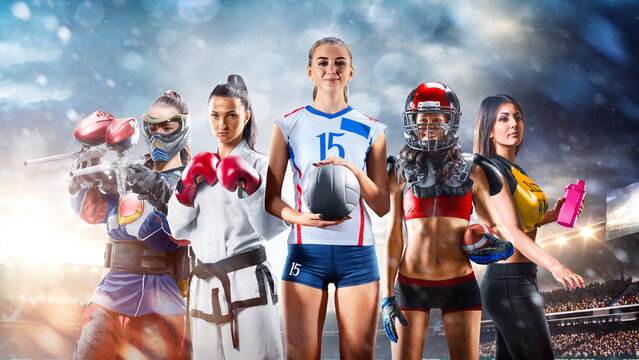 A multi-sport collage depicting various sports and hobbies. Athletes in a beautiful, large stadium full of fans. A collage of several sports.