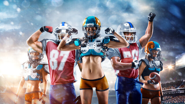 A multi-sport collage depicting various sports and hobbies. Athletes in a beautiful, large stadium full of fans. A collage of several sports.