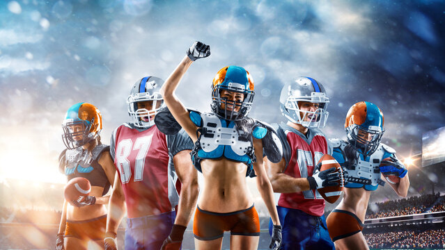 A multi-sport collage depicting various sports and hobbies. Athletes in a beautiful, large stadium full of fans. A collage of several sports.