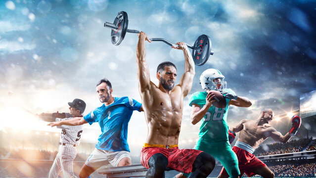 A multi-sport collage depicting various sports and hobbies. Athletes in a beautiful, large stadium full of fans. A collage of several sports.