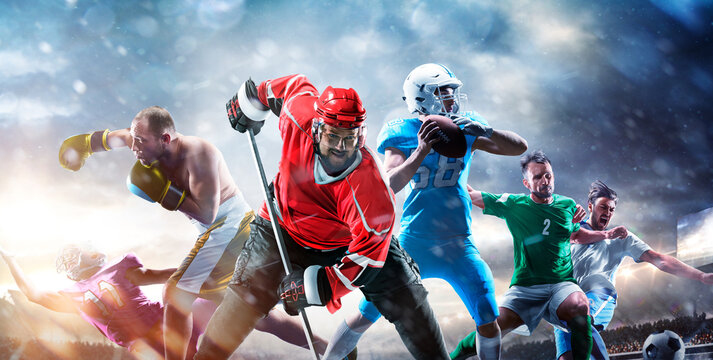 A multi-sport collage depicting various sports and hobbies. Athletes in a beautiful, large stadium full of fans. A collage of several sports.