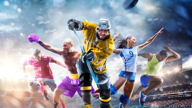 A multi-sport collage depicting various sports and hobbies. Athletes in a beautiful, large stadium full of fans. A collage of several sports.