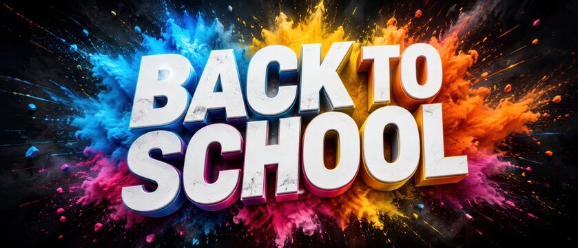 Bold Back to School 3D text surrounded by vibrant blue, yellow, orange and pink powder explosions on a dark background, energetic education banner design for school promotions and ads