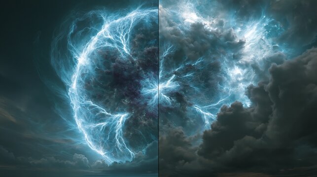 Twisting lightning crackles through stormy, dark clouds