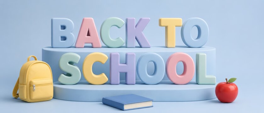 Pastel 3D Back to School text on a blue podium with yellow backpack, blue book, and red apple on a clean light blue background