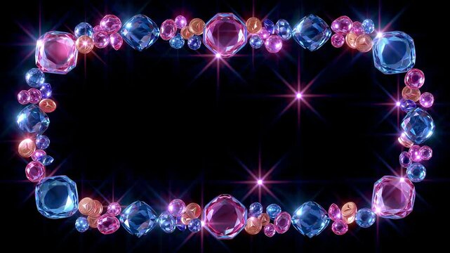 Luxurious gemstone and coin border design, intricate ornate frame with blank center, symmetrical composition, vibrant colors, glossy finish, modern glamorous style, high-end commercial use