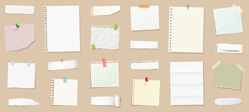Sticky notes and paper sheets for reminders and notes. Realistic note papers with pin and adhesive tape with different colors.