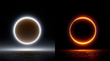 Obraz premium Two glowing rings float against a dark background