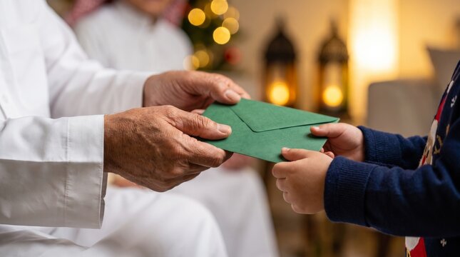 Muslim grandfather's hands giving green Eidi envelope to child at Eid gathering