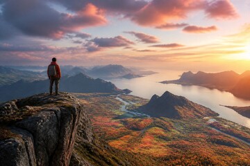 Fototapeta premium A person views the landscape from a high rock. The sun sets in the background, casting colors over the mountains and river below. The trees show fall colors.