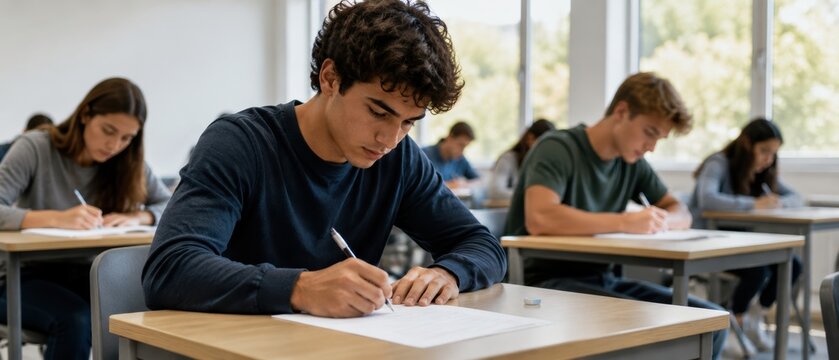 focused male student taking written exam in classroom with classmates working at desks