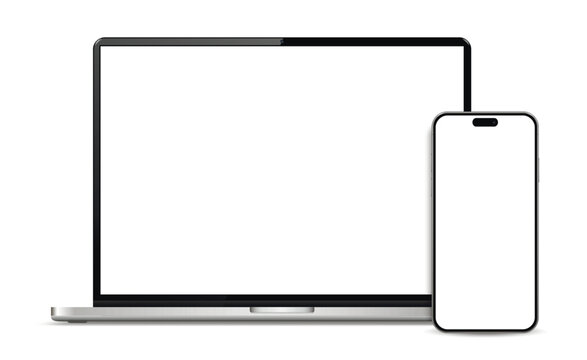 Realistic laptop computer front view and mobile phone mockup isolated on white background