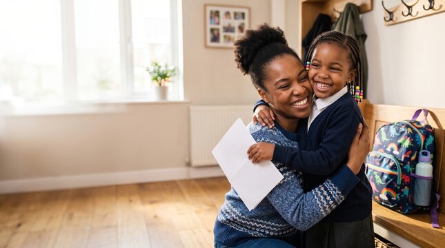 Happy schoolgirl hugging her smiling mother at home with backpack and letter, warm back to school family moment with copy space
