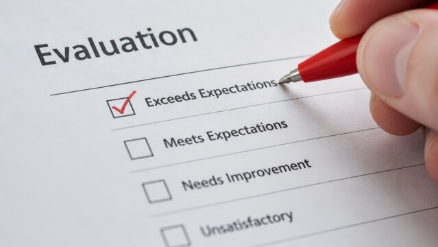 Red pen ticking the exceeds expectations box on an employee evaluation form.