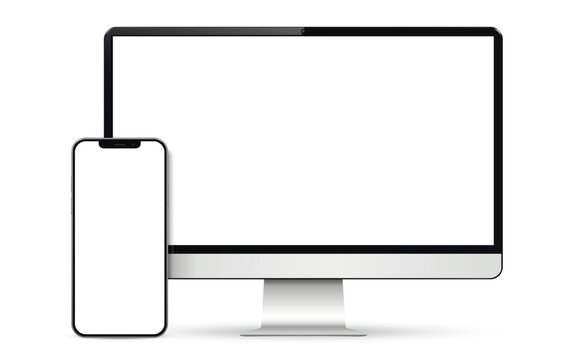 Realistic computer monitor front view with smartphone white screen mockup