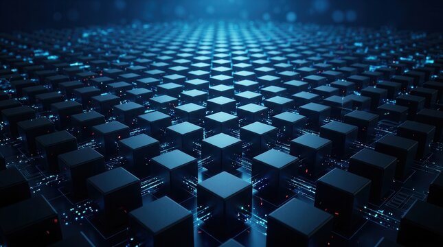 Digital background of glowing blue cubes illustrating server technology and big data network concepts.