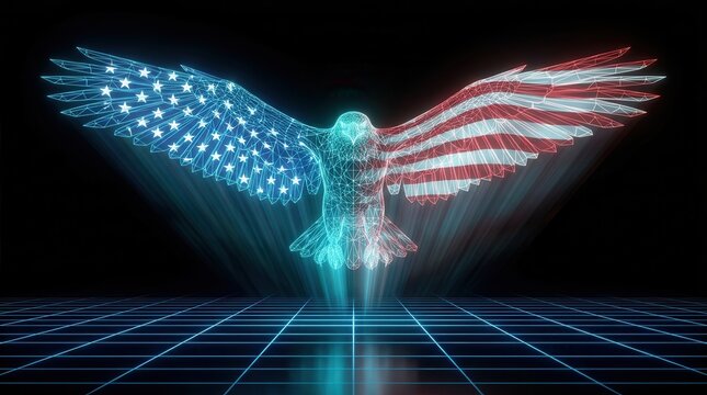 A technological patriotism concept showing a glowing eagle hologram on a futuristic digital grid.