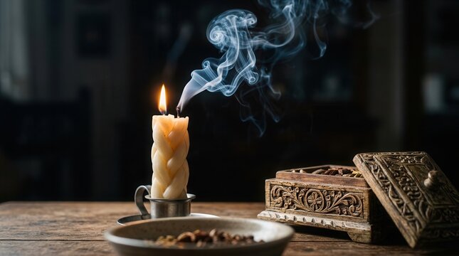 Sabbath conclusion with a burning Havdalah candle, aromatic spices, and smoke in low light