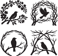 Fototapeta premium Vector graphic design set of bird silhouettes on tree branches with flowers