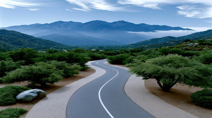 Naklejka premium Winding road valley mountain green tree blue sky scenic landscape outdoor nature peaceful travel