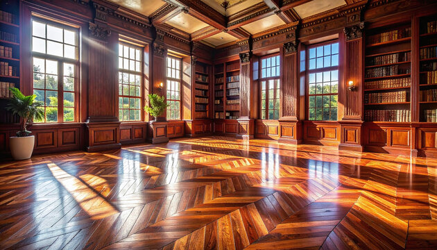A stunning, sunlit classic library interior with nobody. The luxury room features rich wood paneling, parquet flooring, and bookfilled shelves, evoking a quiet, sophisticated mood.