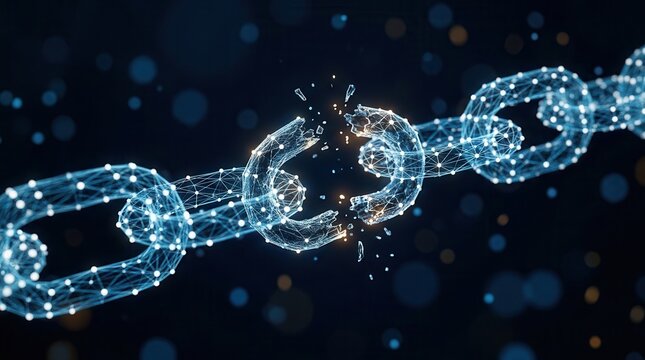 Broken digital nodes in a linked chain highlighting global supply chain disruption.