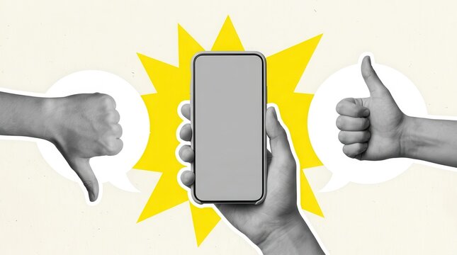 A hand with a mobile phone surrounded by thumbs up and thumbs down rating gestures.