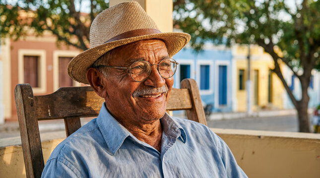 Idoso brasileiro feliz sorrindo, usando chap&eacute;u de palha e &oacute;culos, sentado ao ar livre em pra&ccedil;a colonial colorida