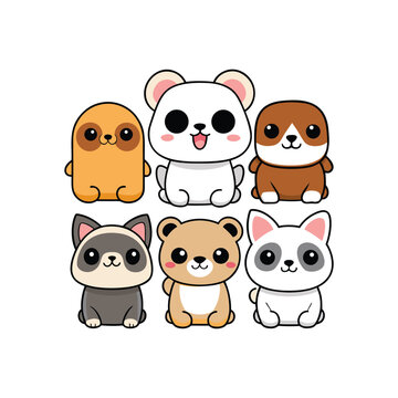 Cute cartoon animals set in kawaii style with cat, dog, panda and bear characters