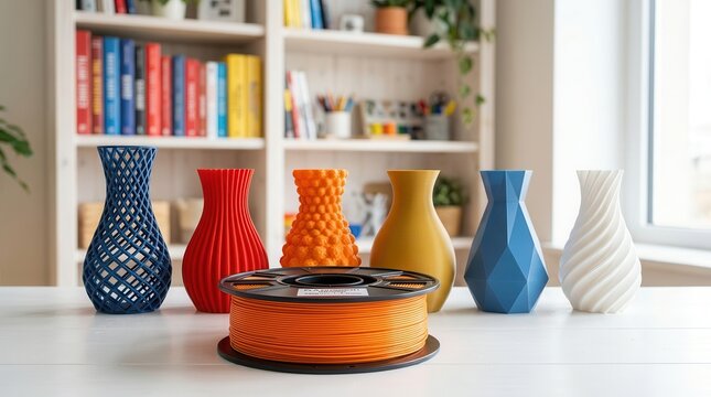 Close-up of diverse 3D printed vases in different colors and an orange filament spool.