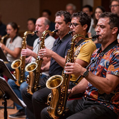 Obraz premium Sketch Jazz Blow. Close-Up Focus On The Foreground Baritone Saxophone Within A Swing Jazz Band