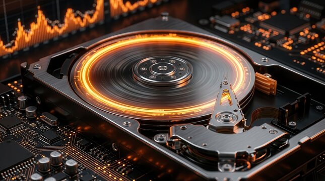 Data stream glowing on a futuristic hard drive with a digital waveform background.
